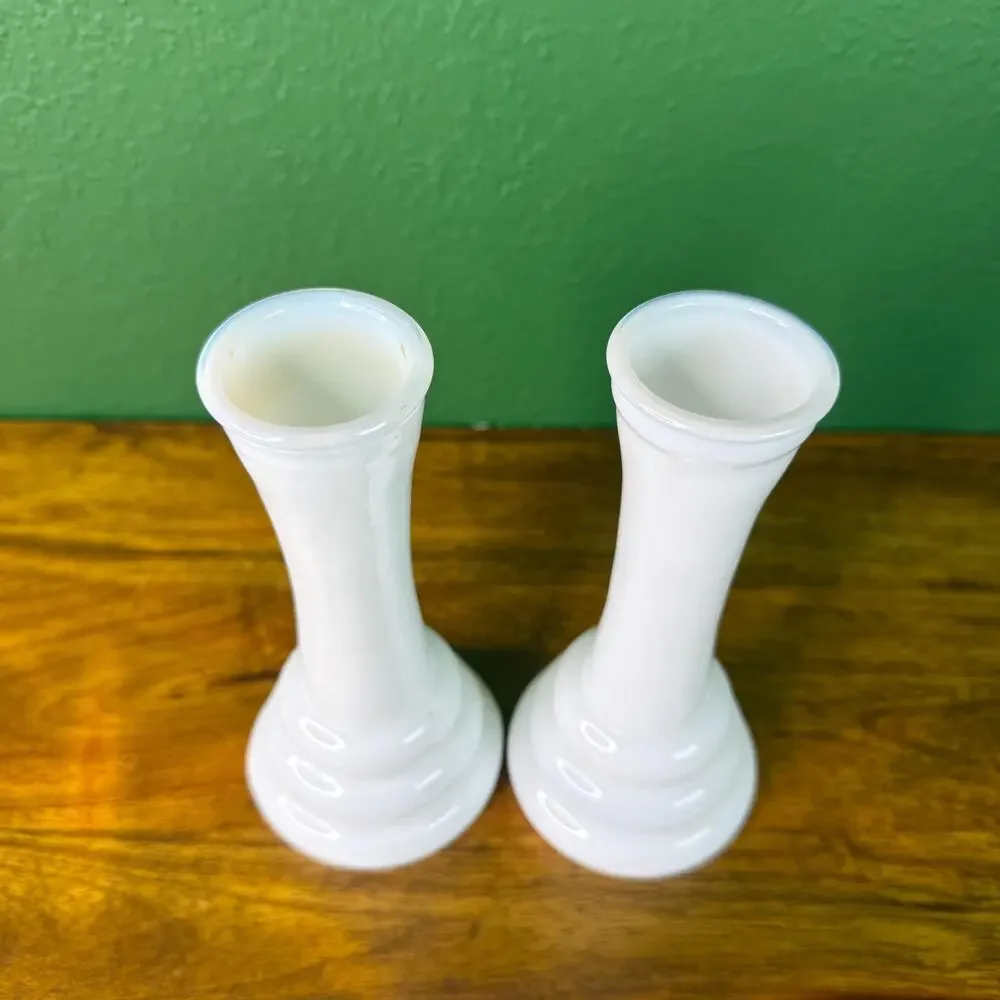 Vintage Milk Glass Vase Set Two Bud Vase Glasses